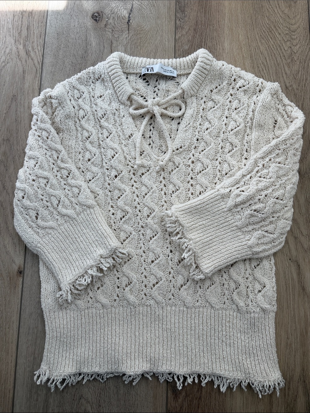 Zara Cream Cable Knit Sweater with Tie Neck